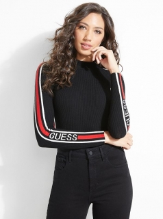 GUESS pulóver Logo Stripes Sweater čierny